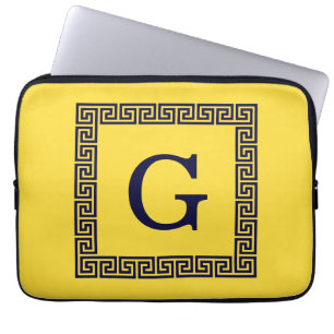 Pineapple, Navy Blue Greek Key #1 Framed Monogram Laptop Sleeve