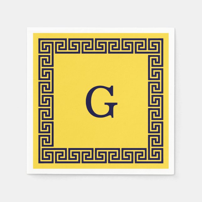 Pineapple, Navy Blue Greek Key #1 Framed Monogram Napkin (Front)