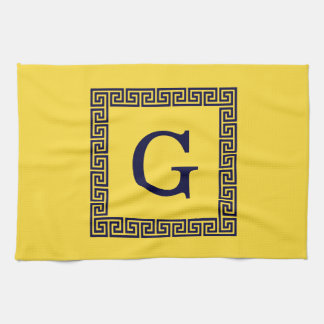 Pineapple, Navy Blue Greek Key #1 Framed Monogram Tea Towel