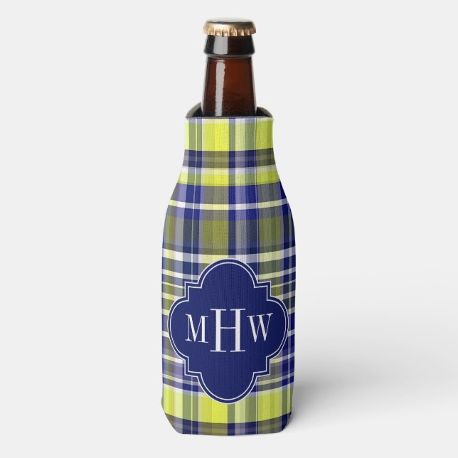 Pineapple Navy Blue White Preppy Madras Monogram Bottle Cooler (Bottle Front)