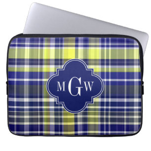 Pineapple Navy Blue White Preppy Madras Monogram Laptop Sleeve