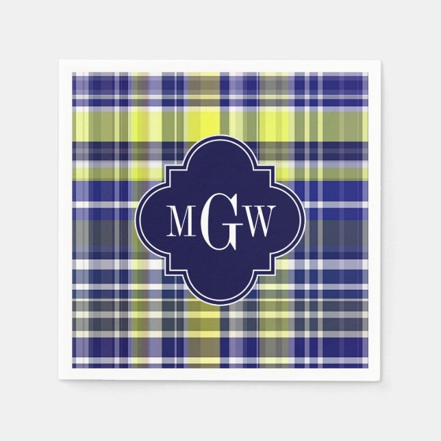 Pineapple Navy Blue White Preppy Madras Monogram Napkin (Front)