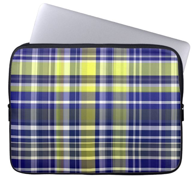 Pineapple Navy Blue White Preppy Madras Plaid Laptop Sleeve (Front)