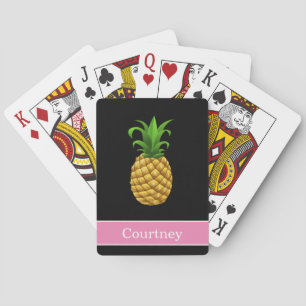 Pineapple on Black with Pink Name Playing Cards