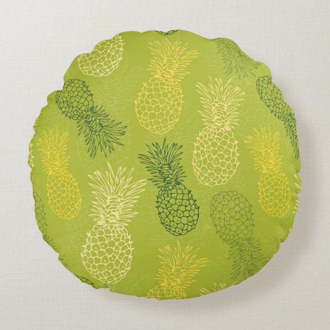 Pineapple Outline Pattern on Green Round Cushion (Front)