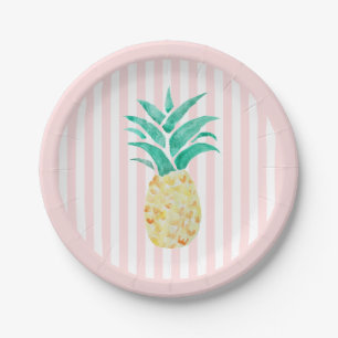 Pineapple Painting Tropical Pink Stripe Paper Plate