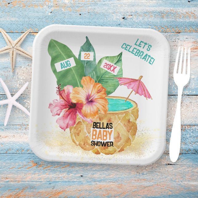 Pineapple Palm Hibiscus Tropical Beach Baby Shower Paper Plate (Creator Uploaded)