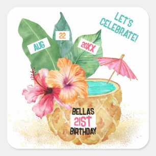 Pineapple Palm Hibiscus Tropical Cocktail Birthday Square Sticker