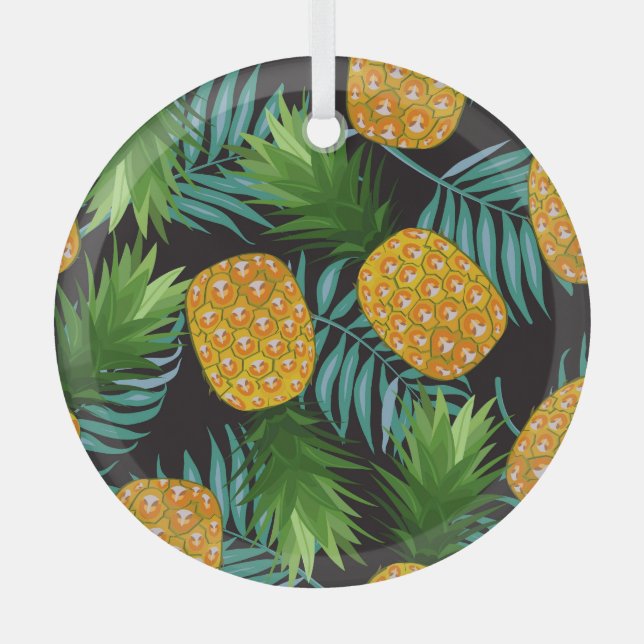 Pineapple Palms Black Tapestry Glass Tree Decoration (Front)