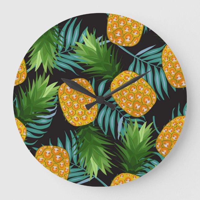 Pineapple Palms Black Tapestry Large Clock (Front)