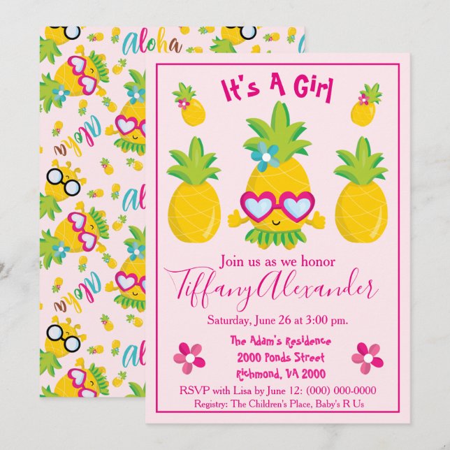 Pineapple Party It's a Girl Baby Shower Fun Invitation (Front/Back)