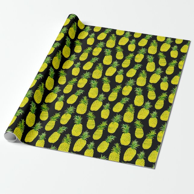 Pineapple Party on black watercolor painting wrap Wrapping Paper (Unrolled)