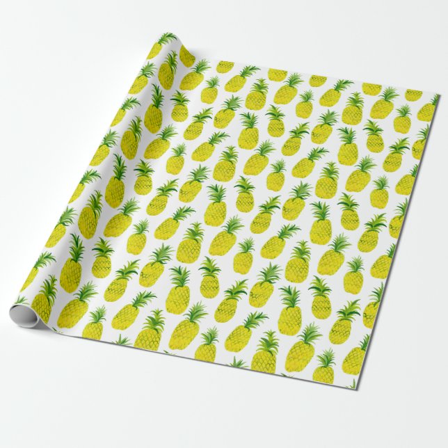 Pineapple Party on white watercolor gift wrap (Unrolled)