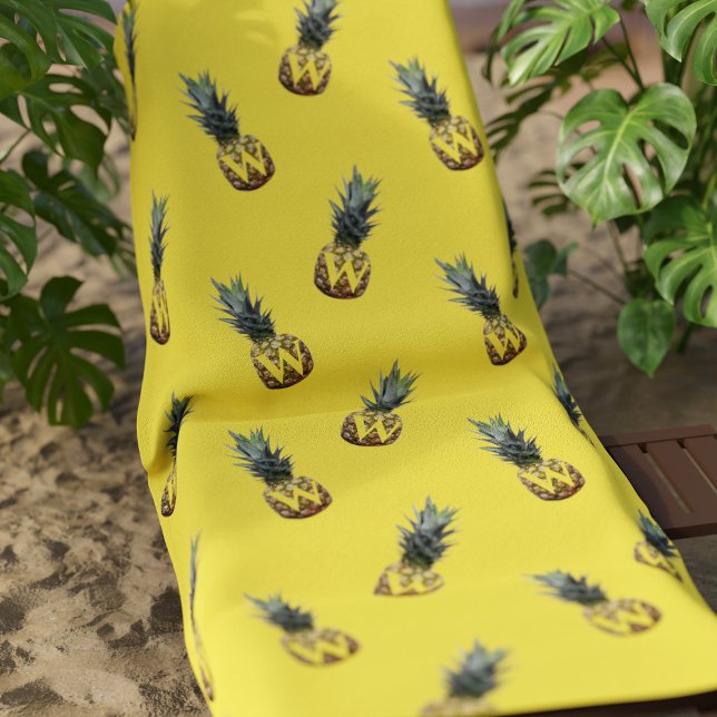 Pineapple Pattern Monogram Yellow Beach Towel (Get ready for summer with this Pineapple beach towel with your initial on it!)