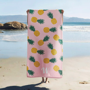 Pineapple Pattern Pink Tropical Monogram Beach Towel
