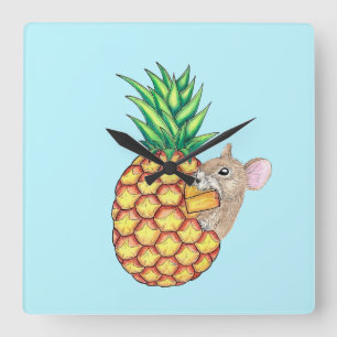 Pineapple Pika Takes a Chomp Aqua Square Wall Clock