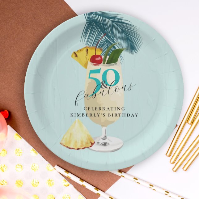 Pineapple Pina Colada Cocktail 50th Birthday Party Paper Plate (Creator Uploaded)