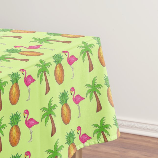 Pineapple Pink Flamingo Palm Tree Tropical Print Tablecloth (In Situ)