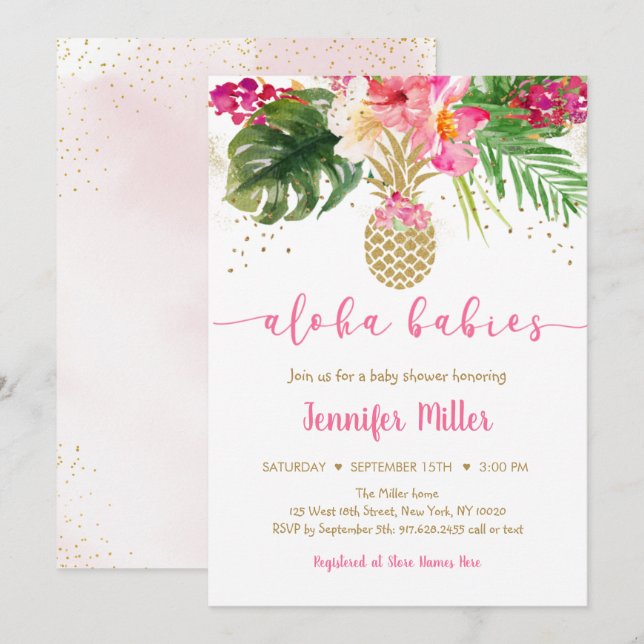 Pineapple Pink Floral Aloha Twin Baby Shower Invitation (Front/Back)