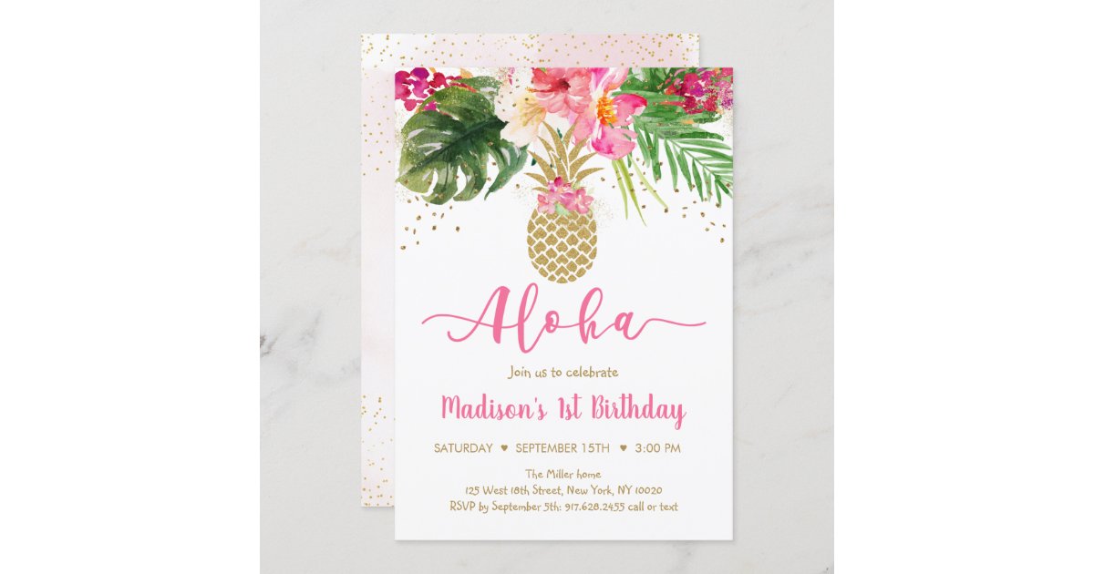 Pineapple Pink Gold Floral Aloha Birthday Invitation | Zazzle.co.uk