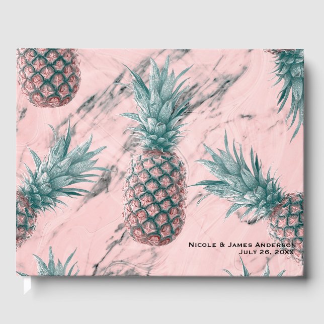 Pineapple & Pink Marble Swirl Modern Chic Wedding Guest Book (Front)