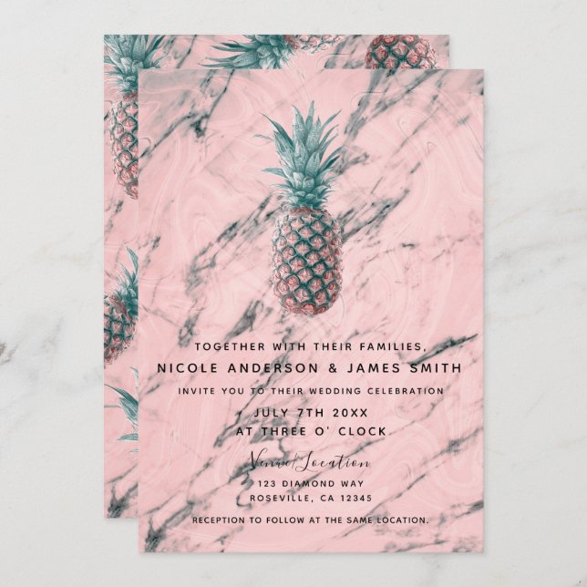 Pineapple & Pink Marble Swirl Modern Chic Wedding Invitation (Front/Back)