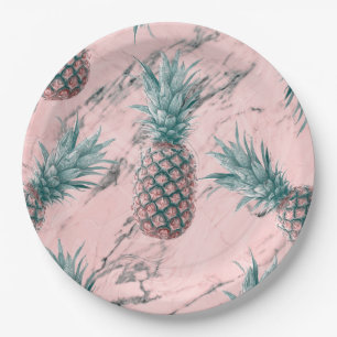 Pineapple Pink Marble Swirl Modern Party Paper Plate