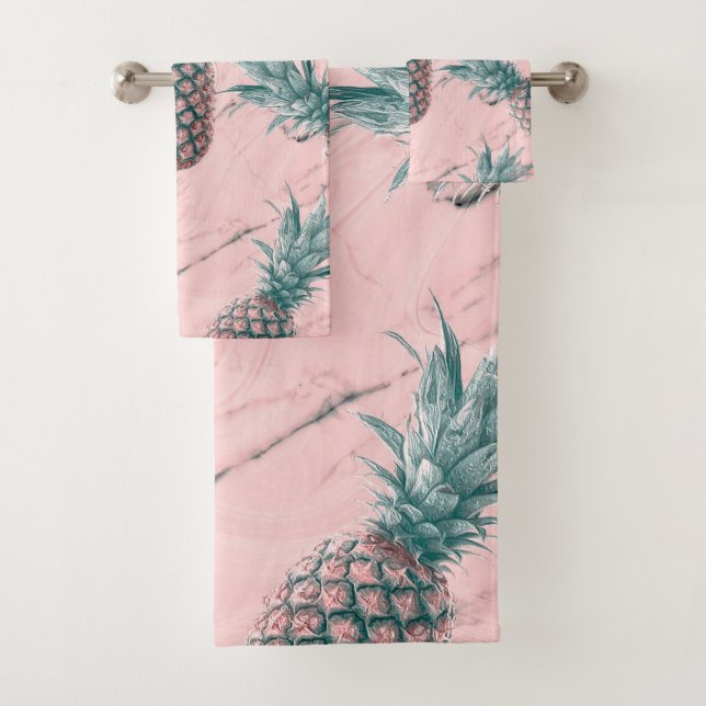 Pineapple & Pink Marble Swirl Modern Tropical Chic Bath Towel Set (Insitu)