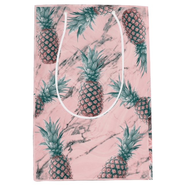 Pineapple & Pink Marble Swirl Modern Tropical Chic Medium Gift Bag (Front)