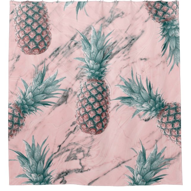 Pineapple & Pink Marble Swirl Modern Tropical Chic Shower Curtain (Front)