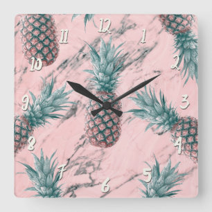 Pineapple & Pink Marble Swirl Modern Tropical Chic Square Wall Clock