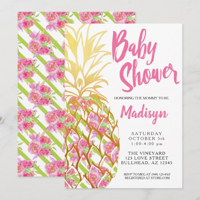 Pineapple Pink Tropical Flowers Girl Baby Shower Invitation (Front/Back)