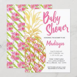 Pineapple Pink Tropical Flowers Girl Baby Shower Invitation