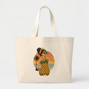 Pineapple Queen Retro Tropical Summer Vibes Large Tote Bag