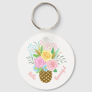 Pineapple Rose Bouquet Hello Beautiful Pink Yellow Key Ring