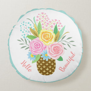 Pineapple Rose Bouquet Hello Beautiful Pink Yellow Round Cushion