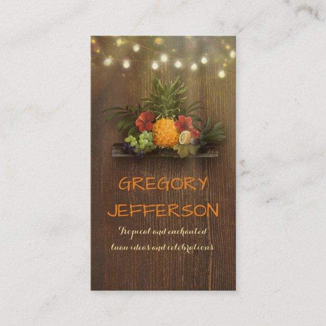 Pineapple Rustic Beach String Lights Tropical Business Card (Front)