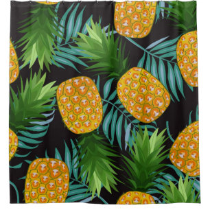 Pineapple seamless pattern with palm leaves on bla shower curtain
