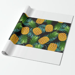 Pineapple seamless pattern with palm leaves on bla wrapping paper