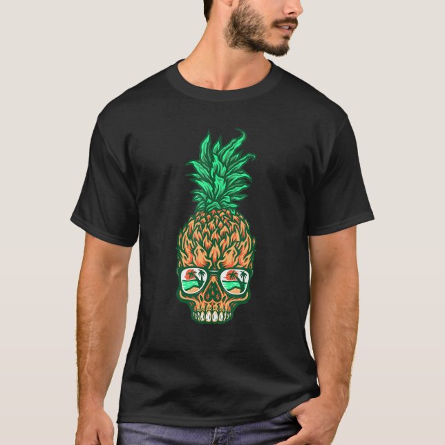 Pineapple Skull Aloha Beach Hawaiian Tropical Goth T-Shirt (Front)