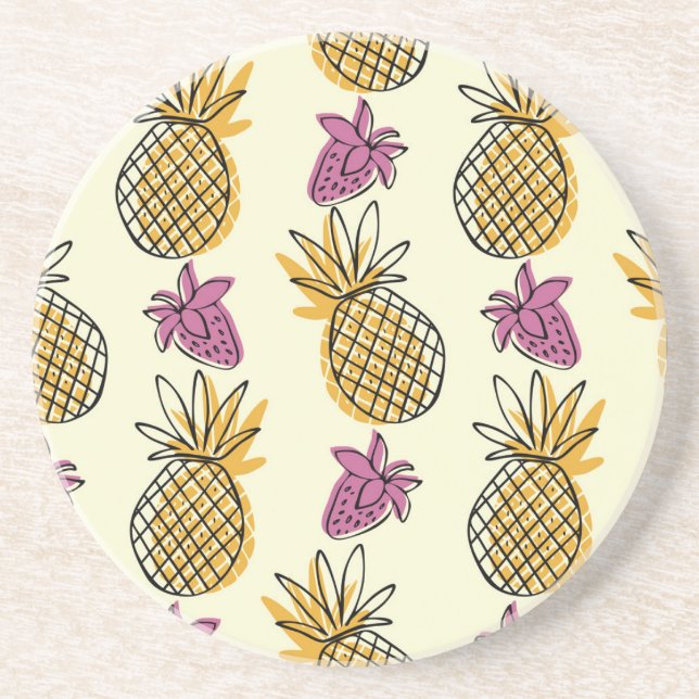 Pineapple, strawberry vintage textile design. coaster (Front)