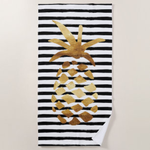 Pineapple & Stripes - Gold on Black/White Beach Towel