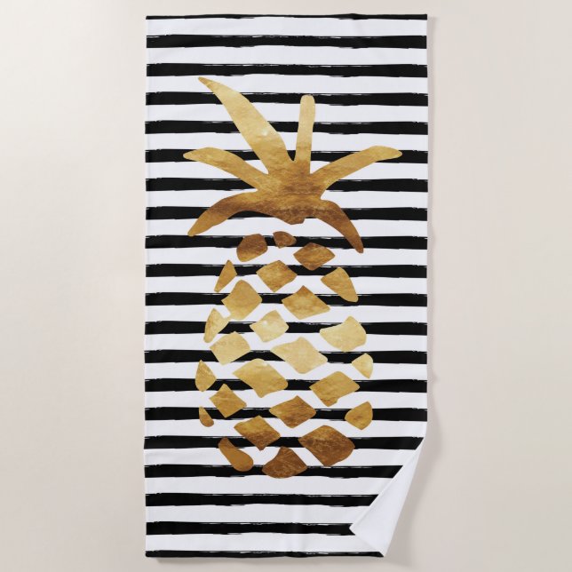 Pineapple & Stripes - Gold on Black/White Beach Towel (Front)