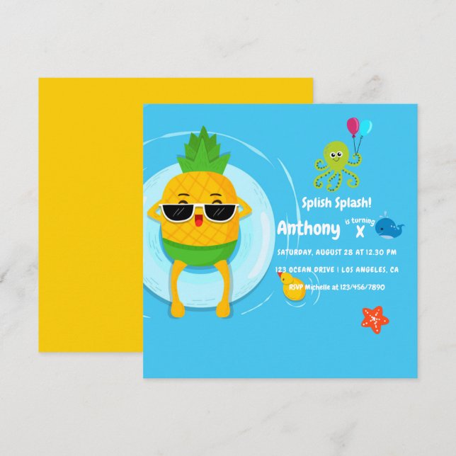 Pineapple Summer Splish Splash Kids Birthday Party Invitation (Front/Back)