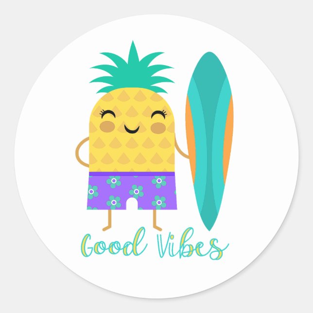 Pineapple Surf Board Surfing Summer Good Vibes Classic Round Sticker (Front)