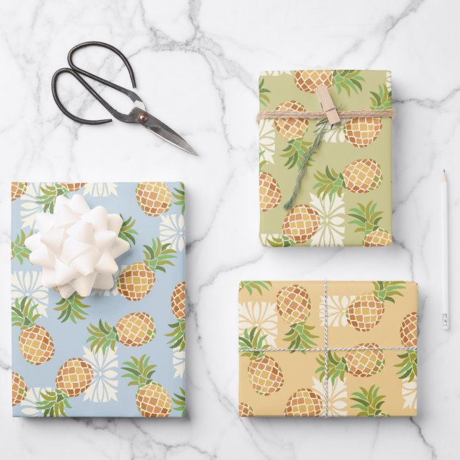 Pineapple Toss in Orange, Blue, and Green Wrapping Paper Sheet (Front)