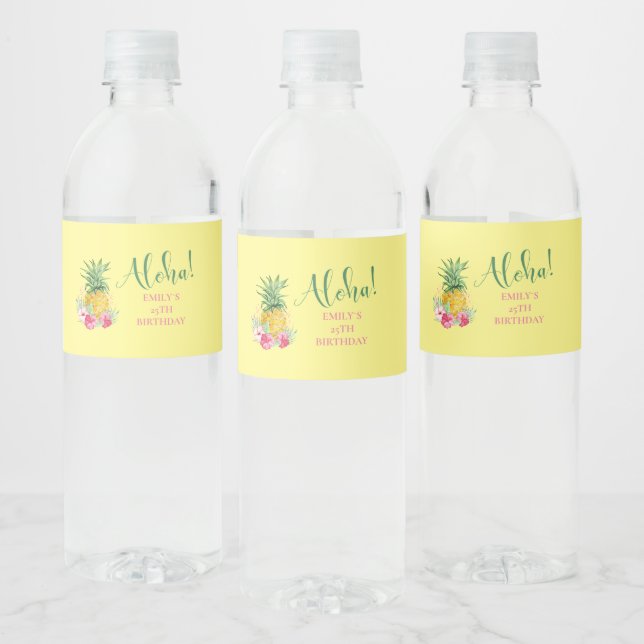 Pineapple Tropical Aloha Party Hawaii Birthday Water Bottle Label (Bottles)