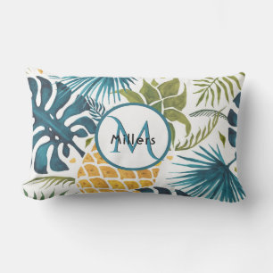 Pineapple tropical blue white monogram lumbar cushion