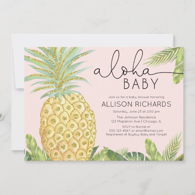 Pineapple tropical blush pink girl baby shower invitation (Front)