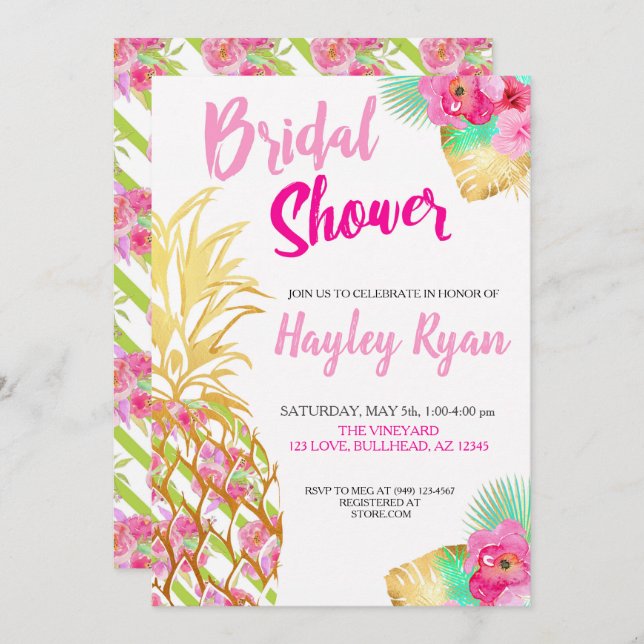 Pineapple Tropical Botanical Bridal Luau Invitation (Front/Back)